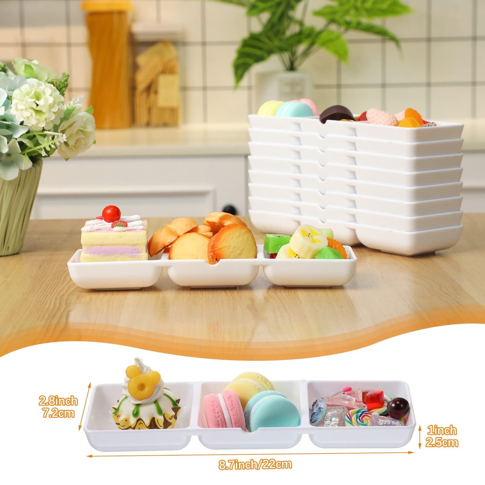 12 Pcs Small White Plastic Appetizer Serving Tray 3 Compartment Serving Dishes Reusable Stackable Sectional Serving Platter Rect